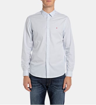Chemise droite en coton à fines rayures - Replay - Bleu clair