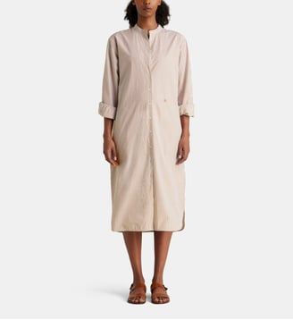 Robe chemise midi droite Lorette rayée coton bio - Jodhpur - Écru et marron
