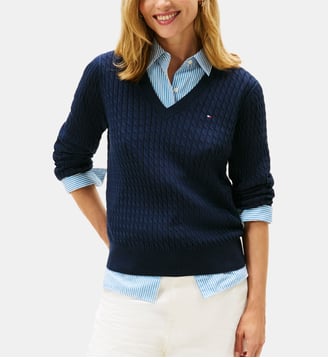 Pull droit maille câble coton - Tommy Hilfiger - Bleu marine