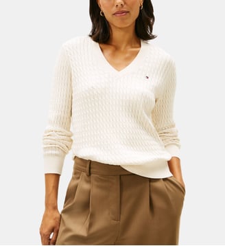 Pull droit maille câble coton - Tommy Hilfiger - Blanc