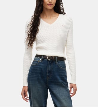 Pull droit maille câble coton - Tommy Hilfiger - Écru