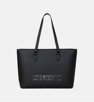 Sac cabas Lettering enduit lisse - Love Moschino - Noir et argent