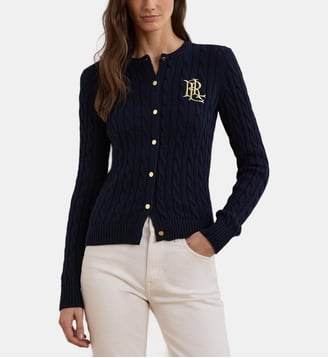 Cardigan slim maille torsadée en coton - Lauren Ralph Lauren - Bleu foncé