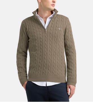 Pull camionneur droit en maille câble de coton - Gant - Marron taupe