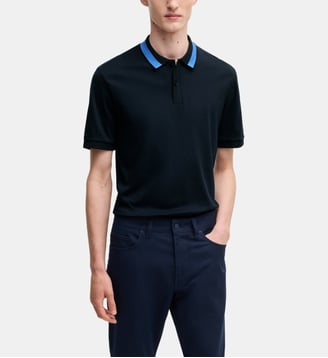 Polo slim en coton mercerisé col à rayures - BOSS - Bleu foncé