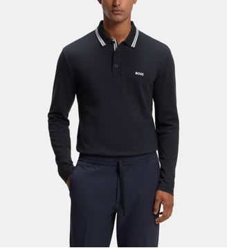Polo droit manches longues en piqué de coton - BOSS - Bleu foncé
