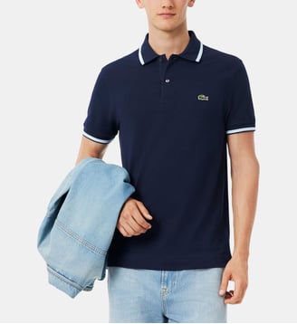 Polo droit rayures en coton piqué L12.12 - Lacoste - Bleu marine