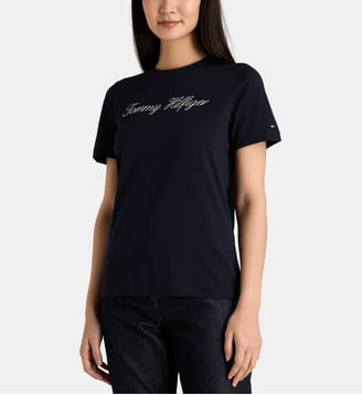 T-shirt droit signature coton - Tommy Hilfiger - Bleu marine