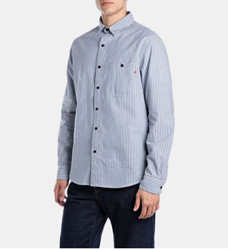 Chemise droite coton à rayures - Replay - Bleu et blanc