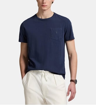 T-shirt droit signature en coton et lin - Polo Ralph Lauren - Bleu marine