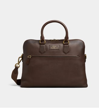Sac d'ordinateur en cuir grainé - Polo Ralph Lauren - Marron foncé