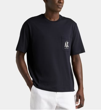 T-shirt droit siglé à poche logo en coton - Armani Exchange - Bleu nuit