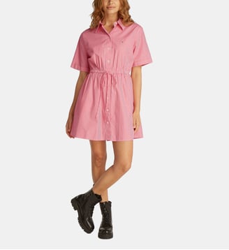 Robe chemise courte cintrée évasée coton à rayures - Tommy Hilfiger - Rouge et blanc