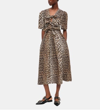 Robe mi-longue à bretelles nouées en coton léopard - Ganni - Léopard