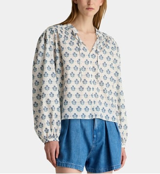 Blouse Eleni motif fleuri en coton - The New Society - Blanc et bleu