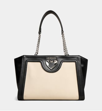 Sac cabas Grace enduit lisse et toile canvas - Love Moschino - Noir et beige