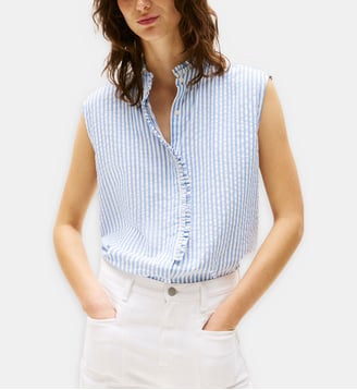 Chemise sans manches coton seersucker à rayures - Tommy Hilfiger - Bleu et blanc
