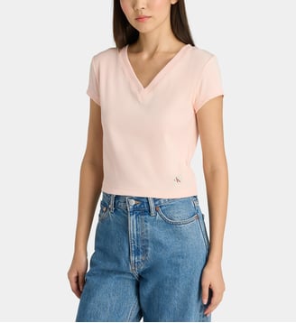 T-shirt slim col V coton - Calvin Klein - Rose clair