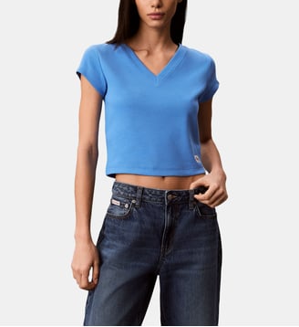 T-shirt slim col V coton - Calvin Klein - Bleu moyen