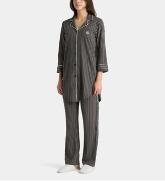 Chemise de nuit mi-longue en coton à rayures - Lauren Ralph Lauren - Noir et blanc