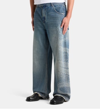 Pantalon Bruce Lee ample en coton effet délavé - 3 Paradis - Bleu moyen
