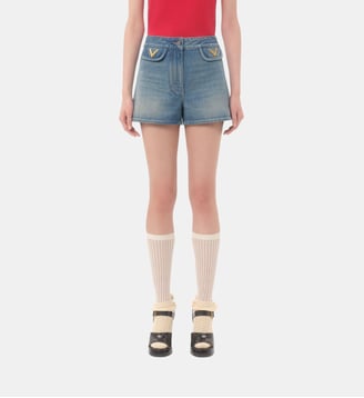 Short droit en coton - Valentino Garavani - Bleu denim