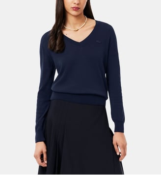 Pull droit en coton col V signature - Lacoste - Bleu marine