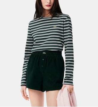 T-shirt à manches longues rayé droit en coton signature - Lacoste - Vert et blanc