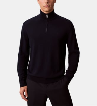 Pull droit col montant zippé en laine signature - Calvin Klein - Bleu marine