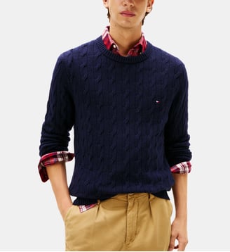 Pull en laine maille torsadée - Tommy Hilfiger - Bleu marine