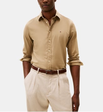 Chemise droite en coton mélangé signature - Tommy Hilfiger - Marron taupe
