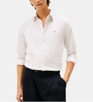 Chemise droite à motif en coton signature - Tommy Hilfiger - Blanc et bleu