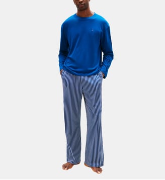 Ensemble de pyjama droit pantalon rayé en coton mélangé signature - Tommy Hilfiger - Bleu et blanc