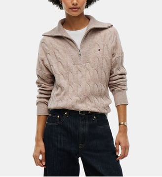 Pull droit en maille zippé signature - Tommy Hilfiger - Beige moyen