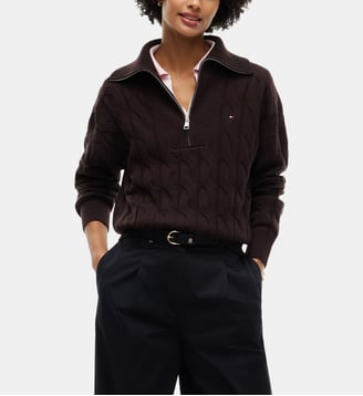Pull droit en maille zippé signature - Tommy Hilfiger - Marron foncé