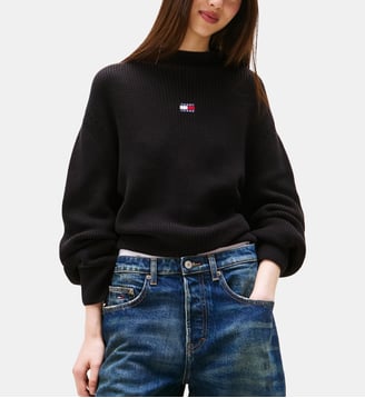 Pull ample côtelé col ras du cou en coton - Tommy Hilfiger - Noir