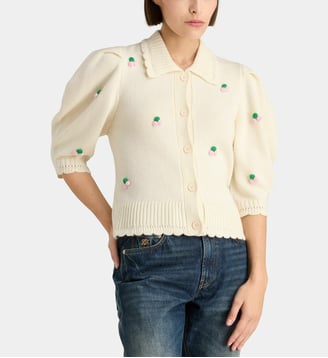 Cardigan Bubble fleuri cintrée à manches bouffantes - Stine Goya - Crème