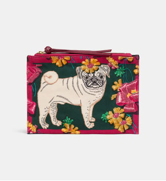 Pochette Toutou en coton à motif floral brodé - Inoui Editions - Rose foncé