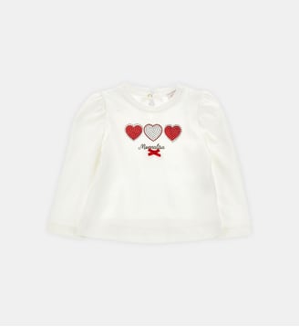 T-shirt avec cœurs et nœuds en strass - Monnalisa - Panna