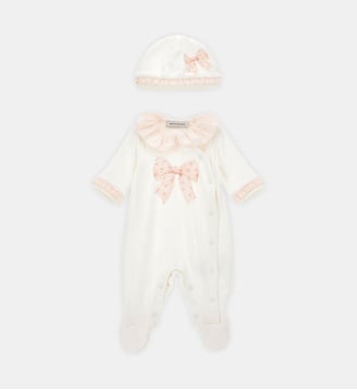 Ensemble combinaison et bonnet avec nœuds et volants - Monnalisa - Blanc et rose