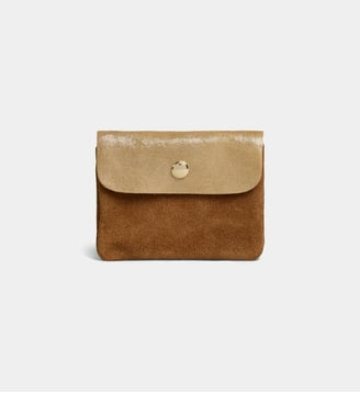 Porte-monnaie Twin en cuir de vachette suédé - Les Cléias - Camel