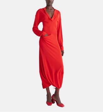 Robe longue ajustée col V manches longues - Lemaire - Rouge