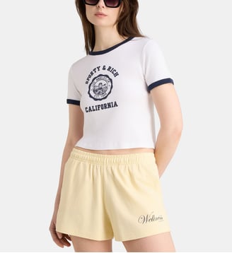 T-shirt droit et court signature coton - Sporty & Rich - Blanc et bleu marine