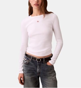 Top slim à manches longues en coton - Calvin Klein - Blanc