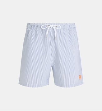 Short de bain L'Immergé Seersucker à suspensoir en matière recyclée - Vendredi Swimwear - Bleu marine