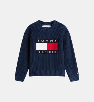 Pull droit en maille drapeau signature  col rond - Tommy Hilfiger - Bleu marine