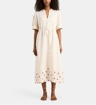 Robe Nawel droite mi-longue en coton et lin - Jodhpur - Écru