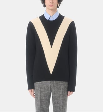 Pull Maglia Girocollo droit en laine - Valentino Garavani - Noir et beige