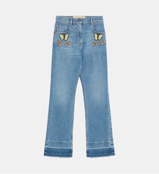 Pantalon en denim à broderies papillon  - Valentino Garavani - Denim clair