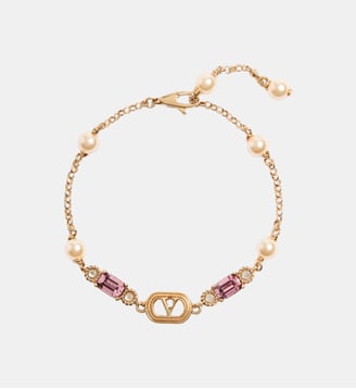 Bracelet Ovalette en métal perles et cristaux Swarovski imprimé signature - Valentino Garavani - Or et rose